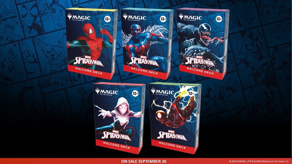 An image of the #MTGxSpiderMan Welcome Decks.
