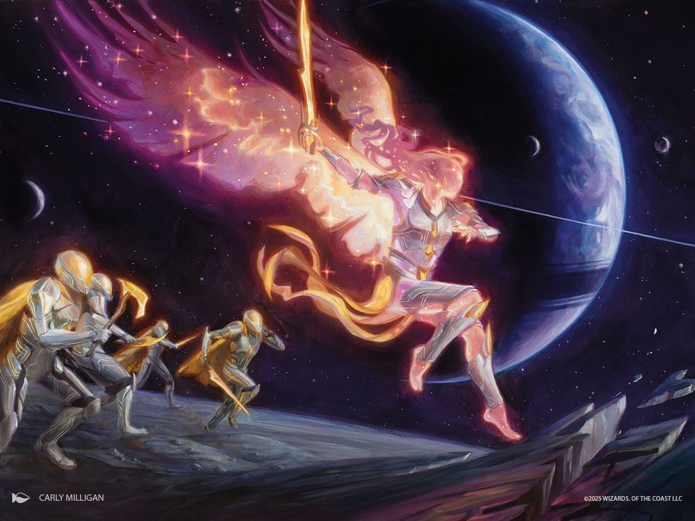 Official art by Carly Milligan from Magic: The Gathering card Astelli Reclaimer from Edge of Eternities set. An armored celestial Angel Warrior with glowing wings and sword charges across a moon’s surface, leading soldiers in gold and silver armor, with a planet and stars in the background.