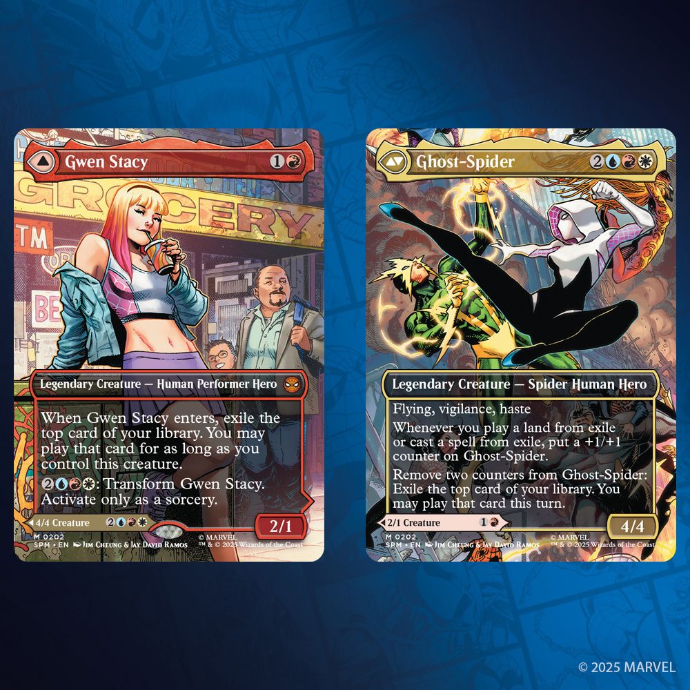 This image depicts the Borderless Scene variant of Gwen Stacy/Ghost-Spider. 

On the left, Gwen Stacy, the card front. Mana Cost: One Mana, A Red. Legendary Creature - Human Performer Hero. Mythic Rarity.

The art depicts a young woman wearing a crop top and skirt as she reclines against a graffitied trashcan and sips the straw of the drink she's holding. Behind her a man and a boy walk past the grocery store she is standing in front of.

Rules text: When Gwen Stacy enters, exile the top card of your library. You may play that card for as long as you control this creature.
Two Mana, A Blue, A Red, A White: Transform Gwen Stacy. Activate only as a Sorcery. Power Two/Toughness One.

On the right, Ghost-Spider, the card flipped. Mana Cost: Two Mana, A Blue, A Red, A White. Legendary Creature - Spider Human Hero.

This card art depicts a fully suited Ghost-Spider kicking Electro in the face. Behind them buildings are smoking from battle damage as other villains and Spider heroes fight.

Rules text: Flying, vigilance, haste. Whenever you play a land from exile or cast a spell from exile, put a +1/+1 counter on Ghost-Spider.
Remove two counters from Ghost-Spider: Exile the top card of your library. You may play that card this turn. Power Four/Toughness Four.