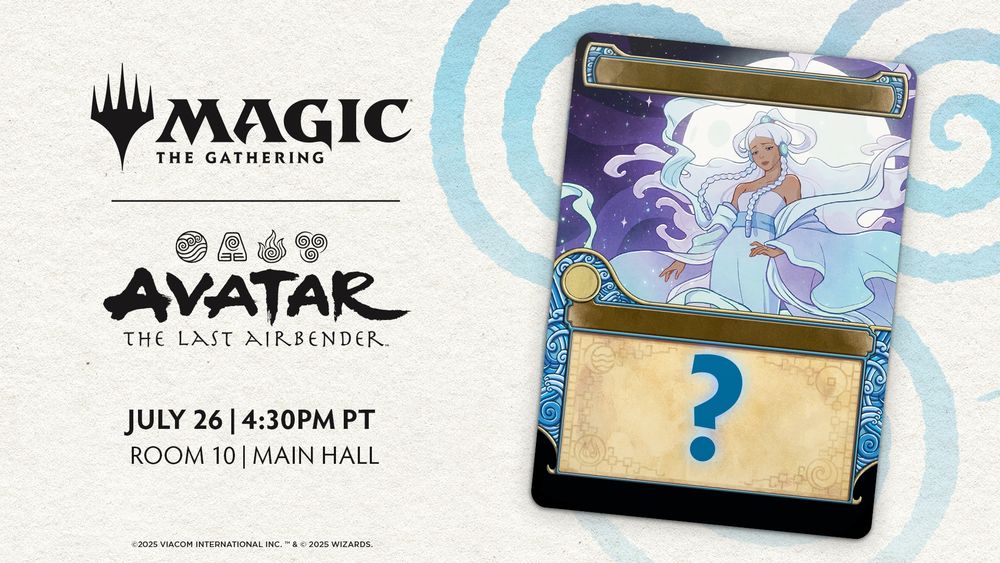 A promotional image for the #MTGxATLA panel at SDCC. The panel is happening on July 26 at 4:30pm PT in Room 10 of the Main Hall. 