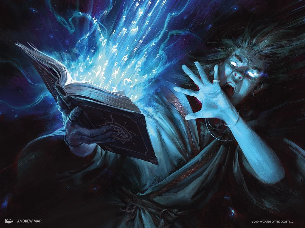 Mage reacting to Magic launching outwards from an open tome. Illustrated by Andrew Mar.