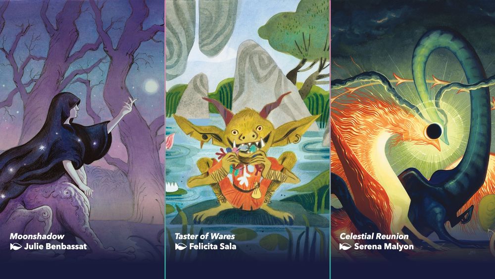 This image depicts three different pieces of art, cut into equal parts of the image. From left to right:

This art depicts a being with the torso of a humanoid and the lower body of a four-legged creature as the being sits amongst swamplands. The being is wearing a dark cloak with a hood hiding the details of their face. Along the bottom reads "Moonshadow" art by Julie Benbassat. 

The middle art depicts a goblin crouching on a rock in the middle of a pond. It smiles a toothy grin as it chews on different small baubles in its mouth. Along the bottom reads: "Taster of Wares" art by Felicita Sala. 

The art of the right depicts two giant Elemental creatures, one with six legs, wings and the sun where its face would be. The other creature, lanky with a long serpentine neck that ends in a crescent moon. The creatures are putting their faces together to create an eclipse where their faces would be. Along the bottom reads: "Celestial Reunion" by Serena Maylon.