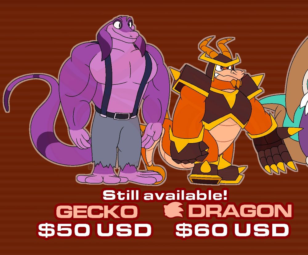 GECKO - $50 USD
Sonic-styled DRAGON - $60 USD