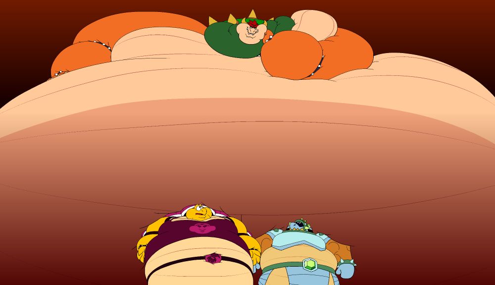 A very huge and fat Bowser, looming over and squishing two much smaller (but still particularly fat) koopas: My Heavy Troopa, Murka, and Tex's Koopatrol, Kleaver.