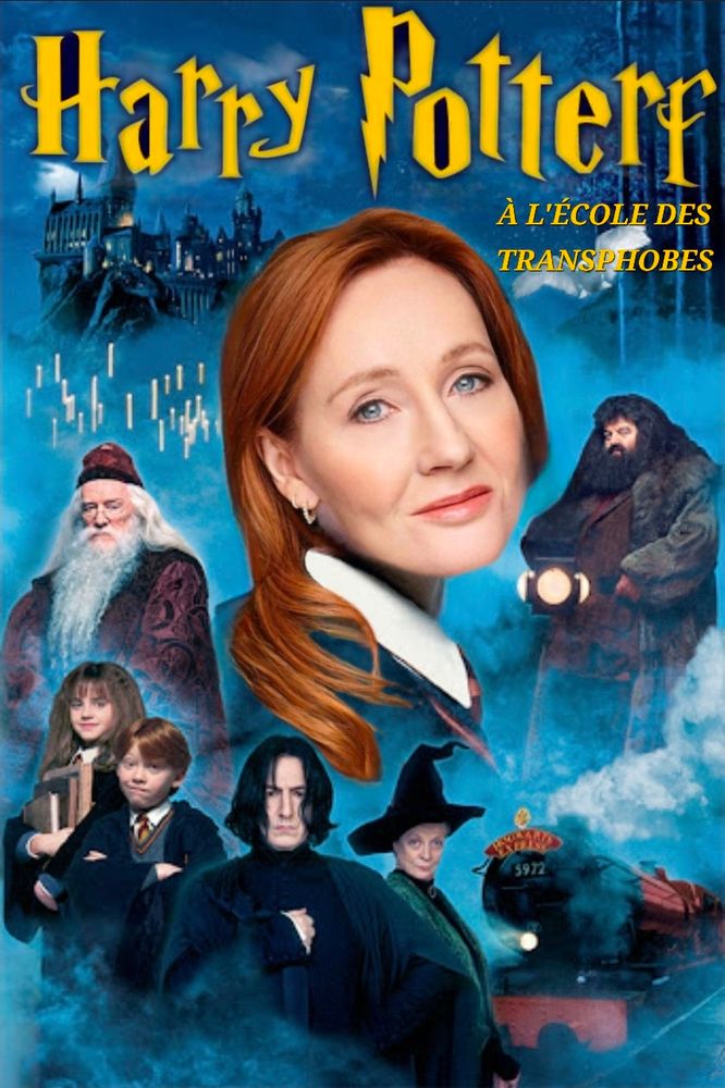Détournement de l'affiche du film "Harry Potter à l'école des sorciers". J'ai mis la tête de J.K. Rowling sur celle de Harry Potter et j'ai changé le titre pour "Harry Potterf à l'école des transphobes"