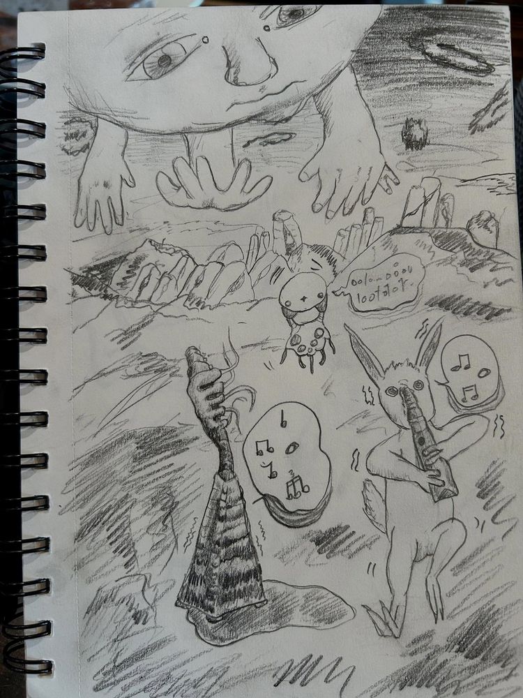 A surreal scene drawn in pencil. The sun is a round baby with multiple hands emanating from it, shining over a desert landscape with strange round buildings and dunes in the background. 
In the foreground is a trio of creatures playing music. One is a pyramid with fleshy tentacles, another is a hovering orb with a face and fleshy flaps, and the third is a rabbit with a clarinet-like instrument growing from its face.