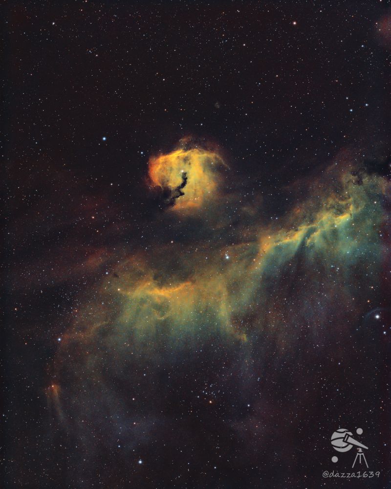 The Seagull Nebula in the Hubble SHO palette just over 6 hours of total integration. Scope - William Optics RedCat 71. Camera - Atikone 6.0. Filters - Antlia 3nm Ha, Oiii & Sii.