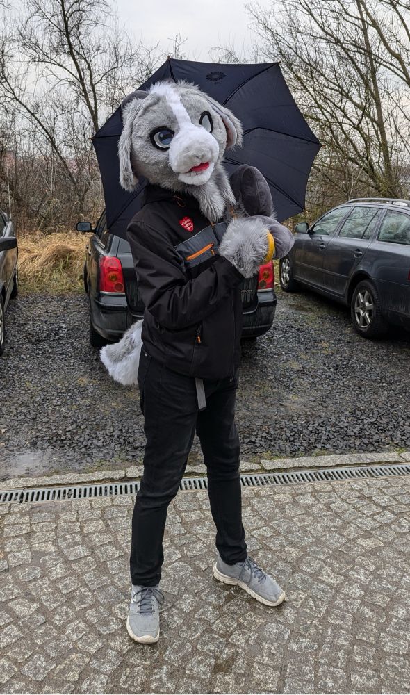 Goat fursuiter standing with an umbrella