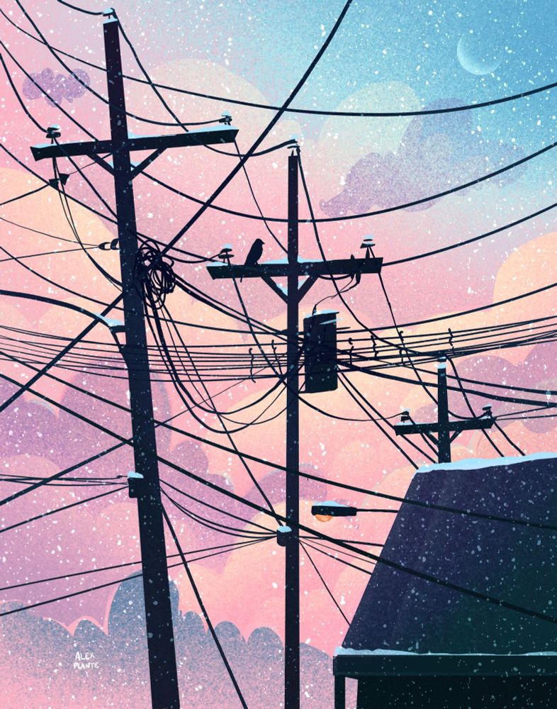 illustration of power lines and a rooftop silhouetted against a cotton candy sky. a faint crescent moon in the top right corner, one single crow on the lines. snowflakes softly falling but THIS TIME the colours are RIGHT it's higher contrast! pinker! sharper! bolder! but still soft :)