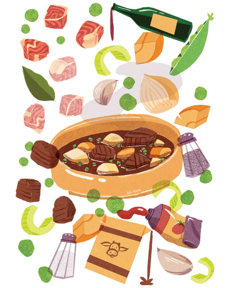 illustration of beef stew and its ingredients, cooked and raw meat, onion, garlic, broth, tomato paste, peas, carrots. celery, salt, pepper, wine, bay leaf