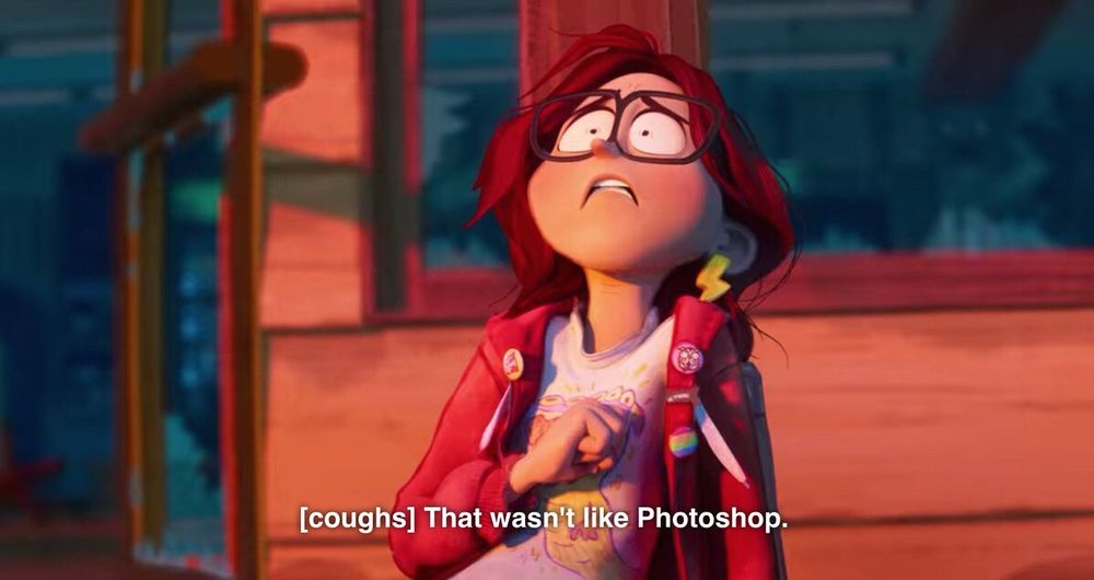 screenshot of katie mitchell looking traumatized. subtitles: “[coughs] that wasn’t like photoshop”