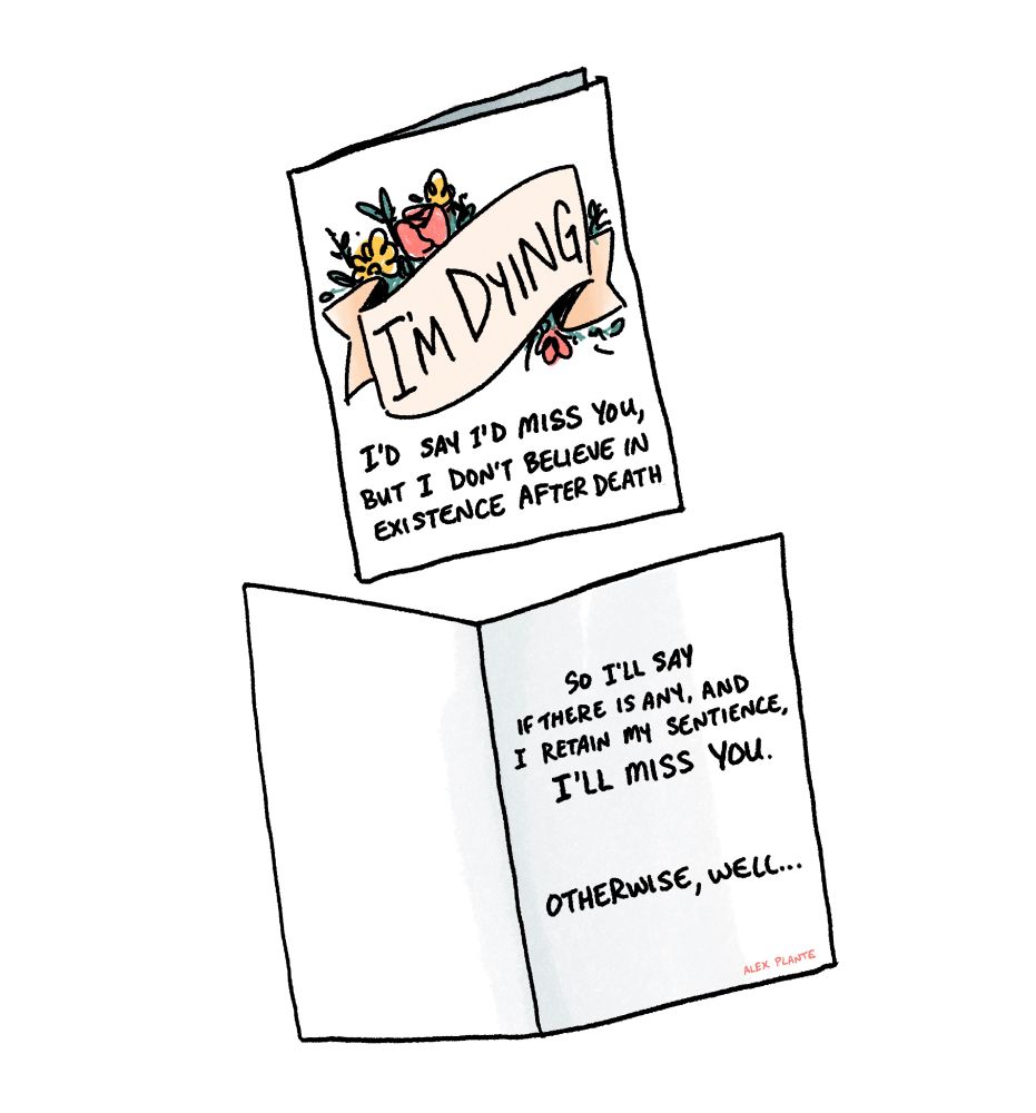 a cartoon of a greeting card cover: big flowery banner that says 