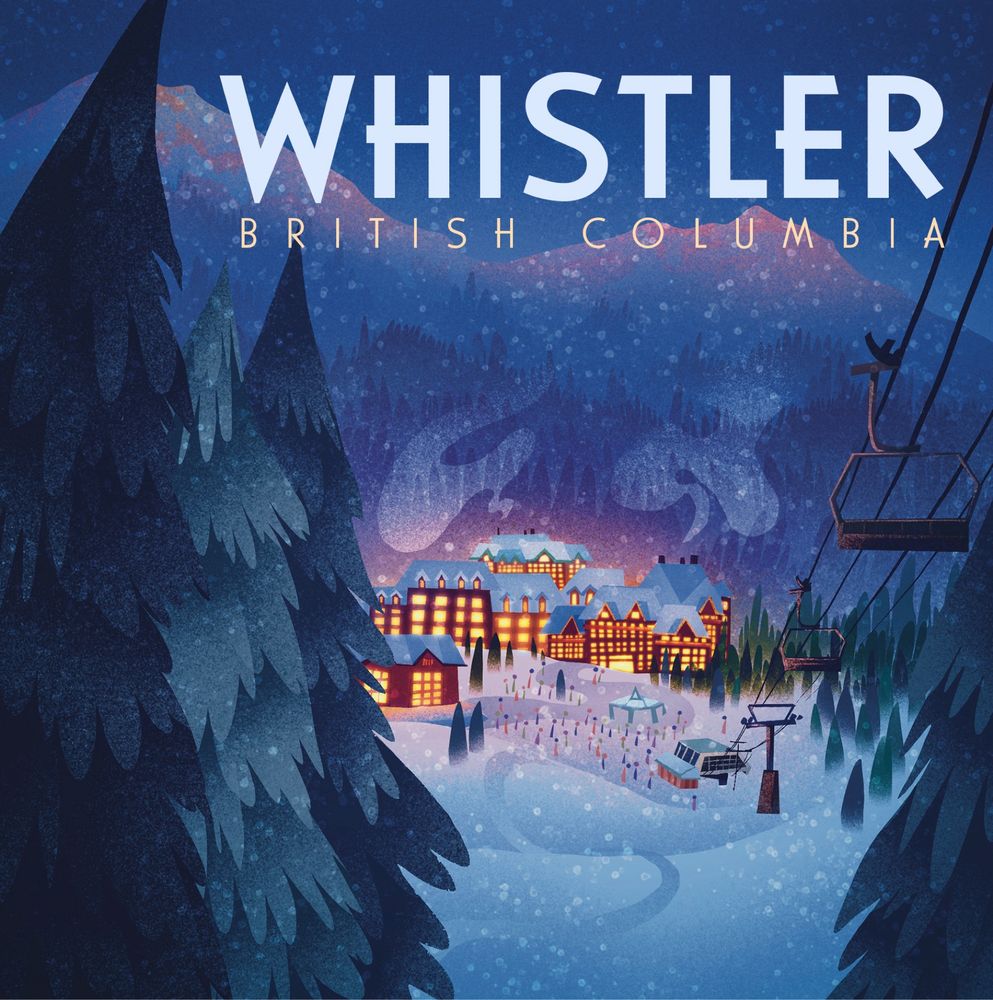 an illustration of the ski lift in whistler, bc. behind the trees the village glows at the bottom of the hill. a hint of sunset glow lingers on the peaks of the mountains on the horizon. 