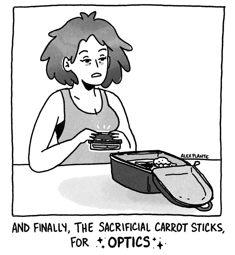 one panel cartoon: a tired (but still hot) mom finishing up packing a small child's lunch kit. she is holding a small tupperware container. 

caption: And finally, the sacrificial carrot sticks, for *optics*