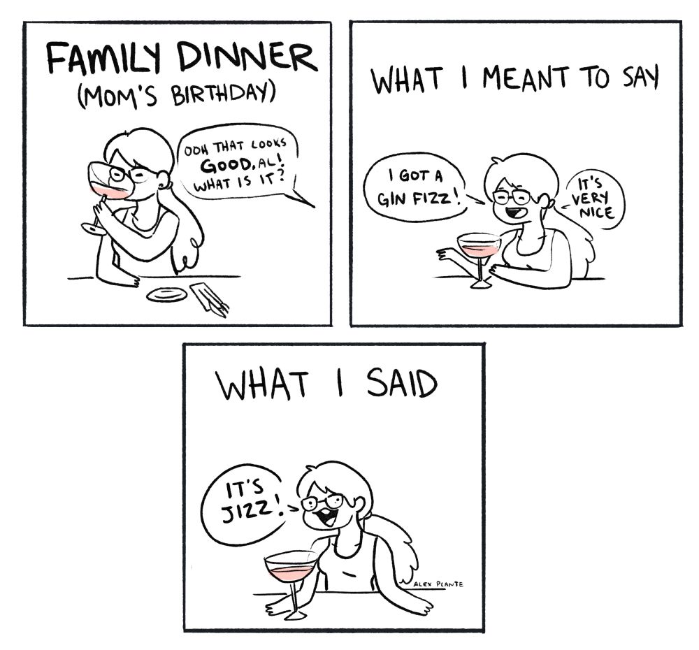 3 panel comic:

panel 1: family dinner (mom's birthday). cartoon of me taking a sip of a nice alcoholic beverage. Someone asking me "oooh that looks good, Al! What is it?"

panel 2: What I meant to say: "I got a gin fizz! It's very nice" I look pleased and hinged. Everyone is having a nice evening.

panel 3: What I said (out loud, with exuberance, to my entire family): "It's jizz!"