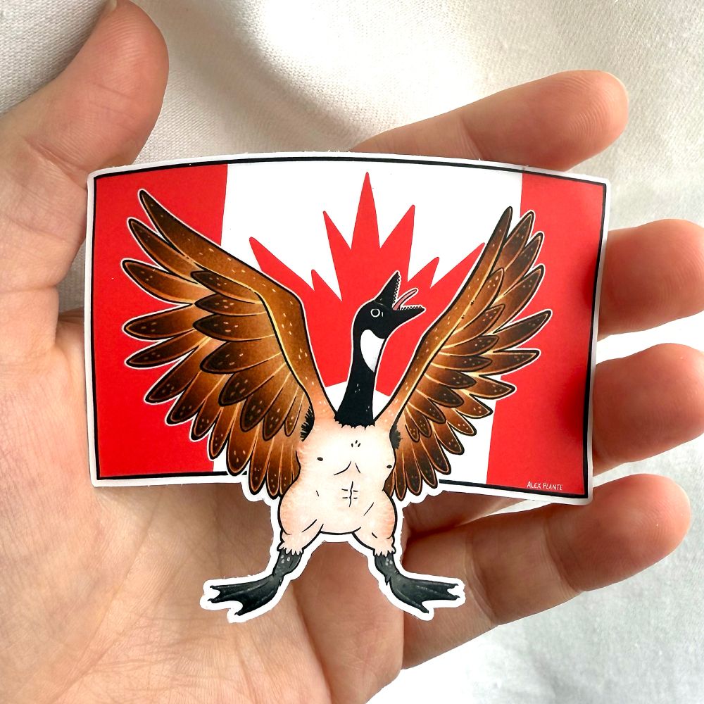 a sticker of an anatomically correct canada goose, nipples and all, yelling in front of a canadian flag.