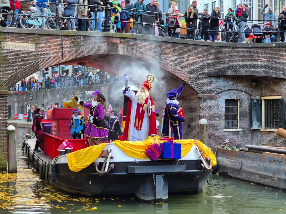 Sinterklaas on a boat on the canals of Utrecht, The Netherlands 