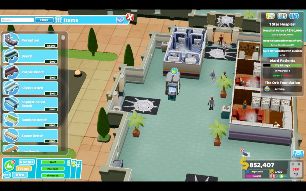 Screenshot from the Grockle Bay map of Two Point Hospital, showing the Orb Foundation CEO Agatha Sphere trapped in the middle of two vending machines, an arcade machine, and a Big Bin so that she can't get out.