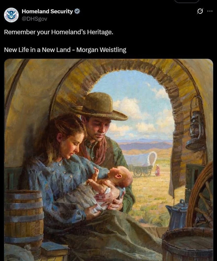 A white couple in a covered wagon looking at their newborn baby. Tweet from the Nazi DHS reminding people to 