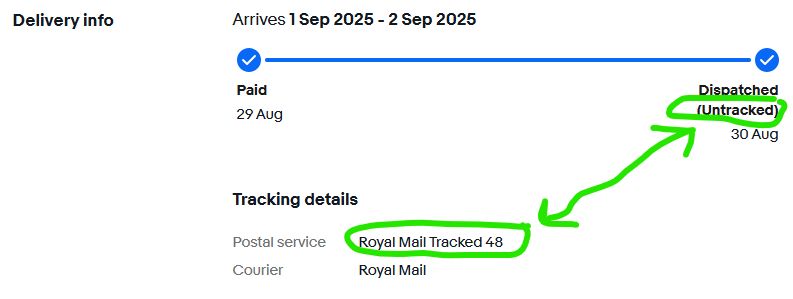 Screenshot of eBay order info suggesting the parcel has been sent both tracked and untracked delivery