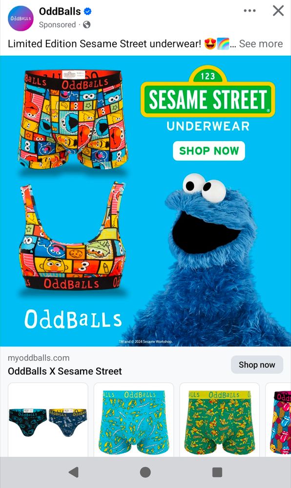 Screenshot of a Facebook ad for Oddballs limited edition Sesame Street underwear, with Cookie Monster looking far too excitedly at the ladies underwear next to him in the frame