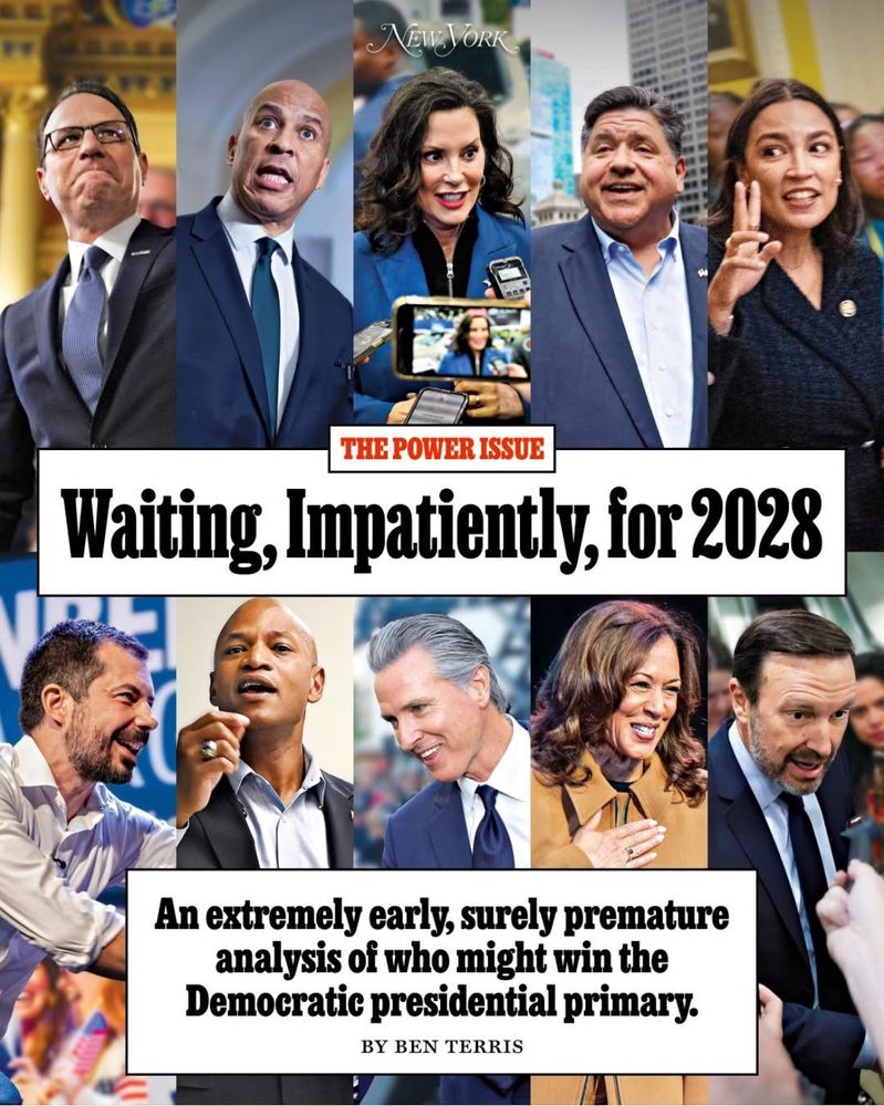 some article from a magazine with a bunch of dems in the background titled: waiting impatiently for 2028. with the subhead: An extremely early, surely premature analysis of who might win the Democratic presidential primary.
BY BEN TERRIS