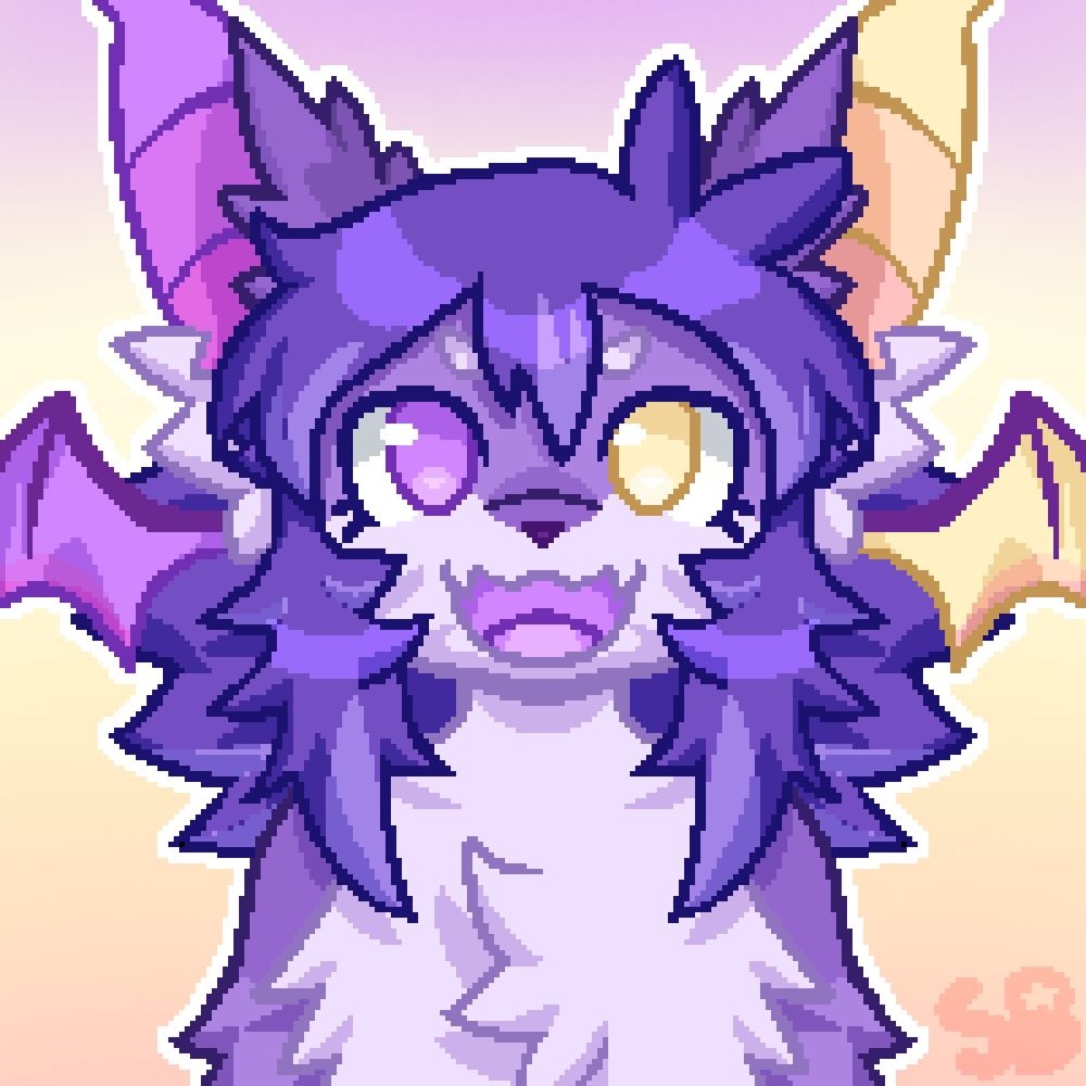 A pixel art portrait of a bat-like furry. They are purple, with shaggy purple hair and large bat ears, as well as bat wings on their head. The right ear, wing, and eye on them is purple, while the left ones are yellow.
