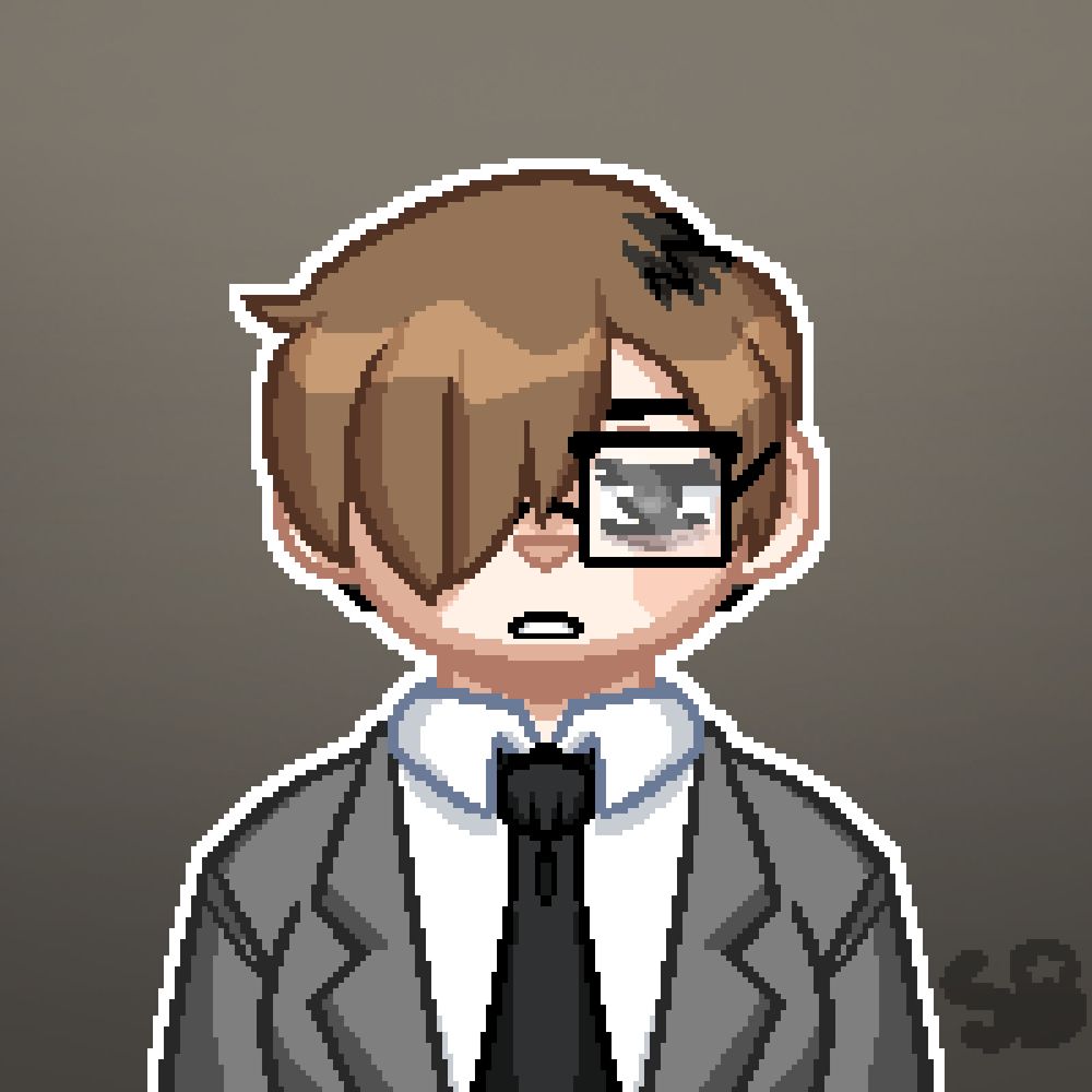 A pixel art portrait of a person in a gray business suit. They have square glasses and brown hair, with their bangs covering their right eye.