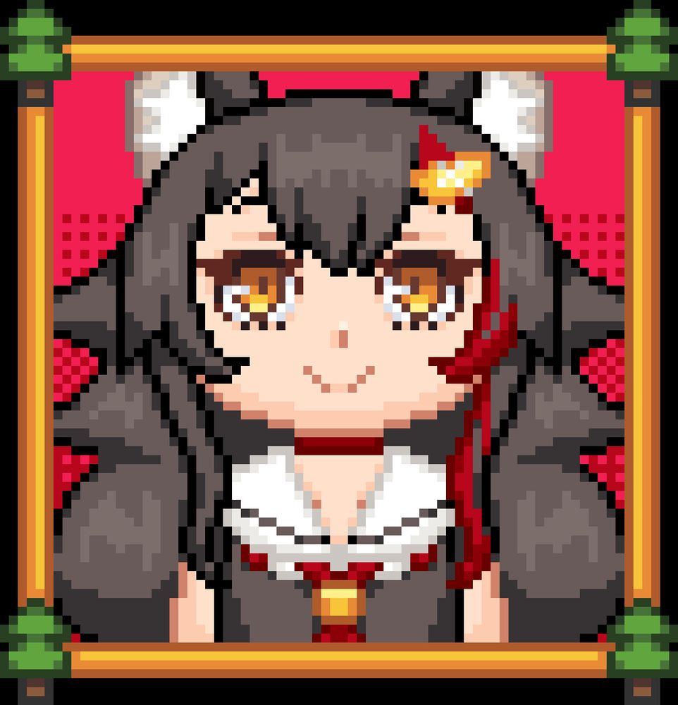 A pixel art piece of the Japanese Vtuber Ookami Mio. She has long black hair with a red streak in it, and black wolf ears. She's wearing a black sleeveless sailor fuku with a red and white tie. She has a yellow hairclip, and is surrounded by a frame with pine tree emojis.