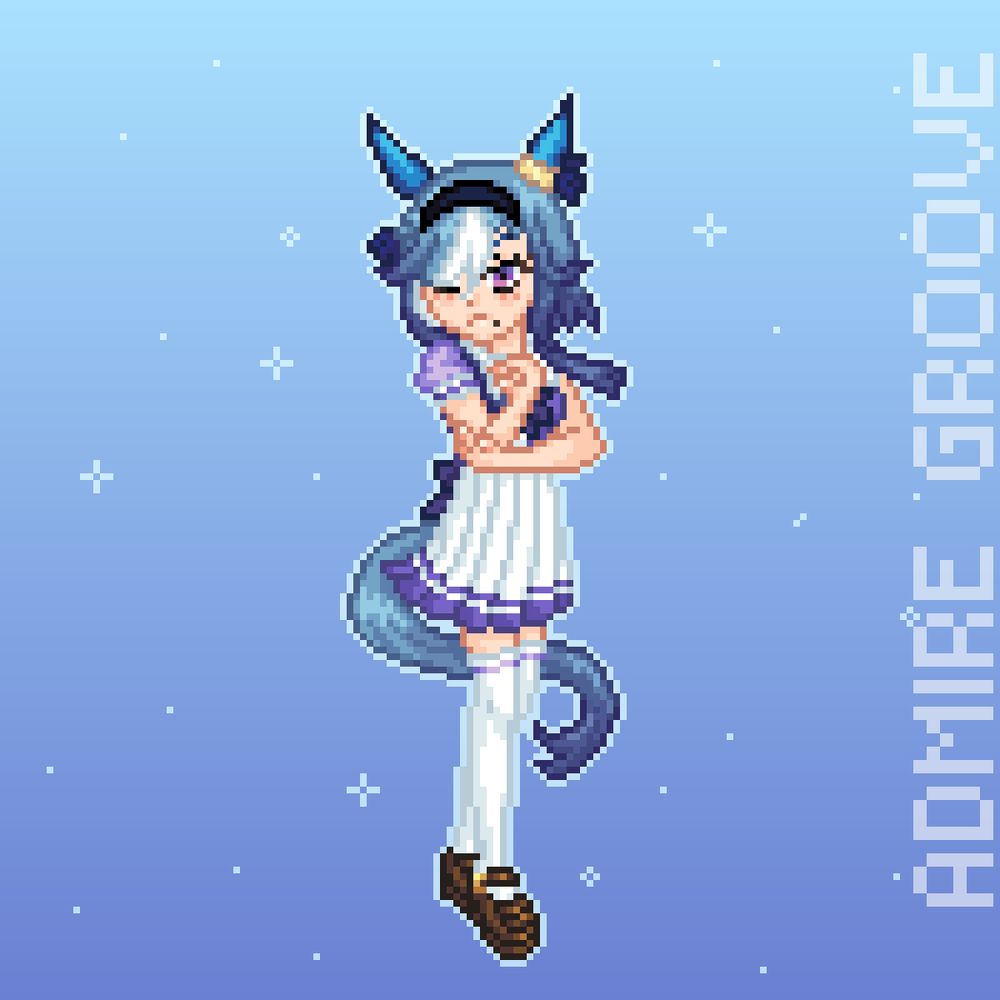 A pixel art piece of a girl in a purple and white school uniform. She has blue hair with a white streak, horse ears and a horse tail. The background is dotted with stars and the side of the picture says "Admire Groove".