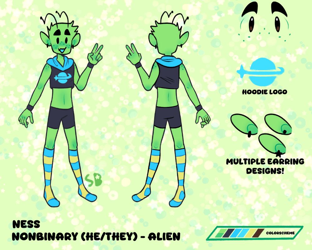A reference sheet for a green alien. The text on the bottom reads "Ness, Nonbinary (He/They) - Alien". The right shows off the design of his eyes in closeup, a closeup of his hoodie logo, and various earrings on his ears with the text "Multiple earrings designs!".