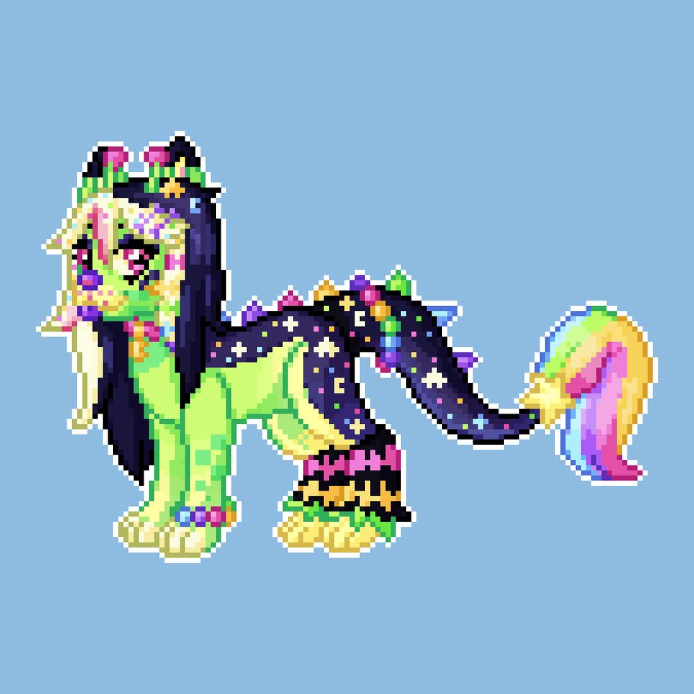 Pixel art of a green and black alien dog. They have black and cream scene hair, alien antenna, and numerous hairclips. They are wearing a kandi bracelet on one paw and their tail and striped legwarmers. They have a marking across their back and flank of colorful stars, rainbow back spikes, and a rainbow tail.