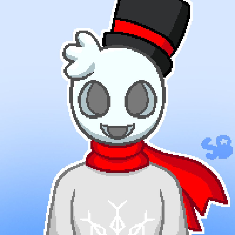 A pixel portrait of a man with a white bowling ball for a head. He resembles a snowman, with a tophat and red scarf. He's wearing a gray jumpsuit with a snowflake symbol on it.
