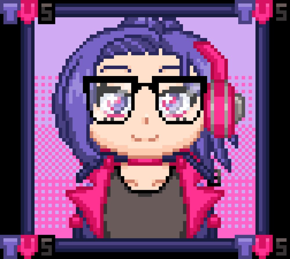 A pixel art piece of Lae-Dee, a vtuber from Things Vtubers Say. She has purple hair tied into a ponytail, purple eyes, and glasses. She has a hot pink sci-fi earpiece on her left side, and is wearing a black shirt and purple and hot pink jacket. She's surrounded by a frame with "TVS" logos.