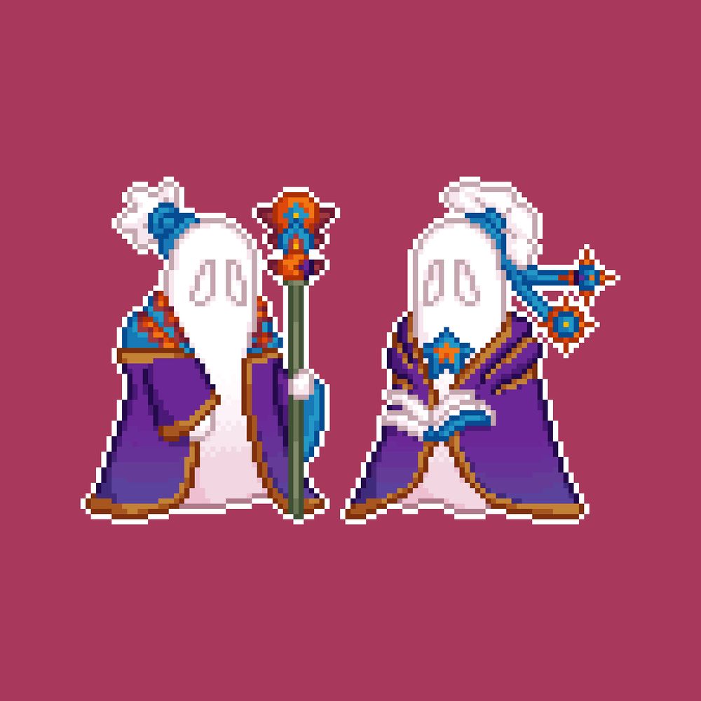 Pixel art of two ghosts. They are both wearing purple and gold robes and have blue and white headdresses. The ghost on the left has a staff, and the ghost on the right is holding a book.