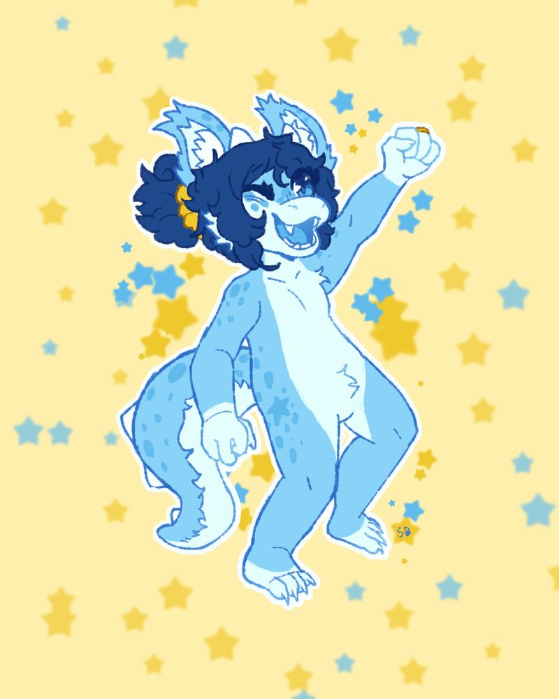 A drawing of a blue female Kobold. She is sky blue with a pale blue belly and muzzle, and has pale blue markings on her hands and feet. She has large ears, horns, and a spiked tail. Her hair is dark blue and curly, and tied up with a gold scrunchie, and she's wearing a gold ring. She has her fist up in a triumphant pose. The background is pale yellow with yellow and blue stars.