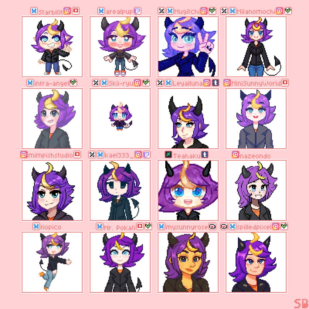 A pixel art style study of the same character drawn in the style of 16 different artists. The character is a purple-haired demon girl with a two yellow hair streaks, a leather jacket, jeans, and an orange top and orange sneakers.