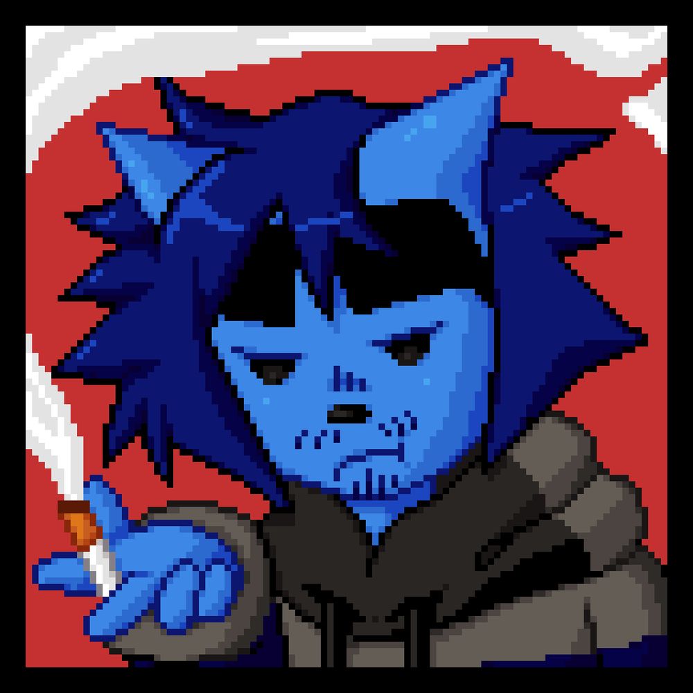 A pixel art portrait of a blue demon. He has small eyes and large eyebrows, blue hair, and facial hair. He's wearing a dark grey hoodie and holding a cigarette, with smoke curling around him.