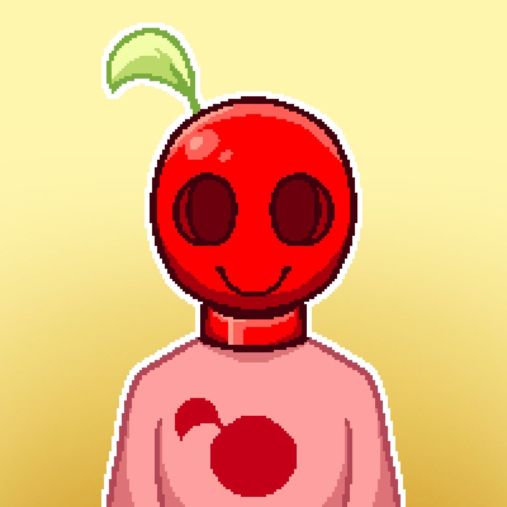 A pixel portrait of a man with a red bowling ball for a head. He's wearing a pink jumpsuit with a cherry symbol on it, and has a leaf coming out of his head making him resemble a cherry.