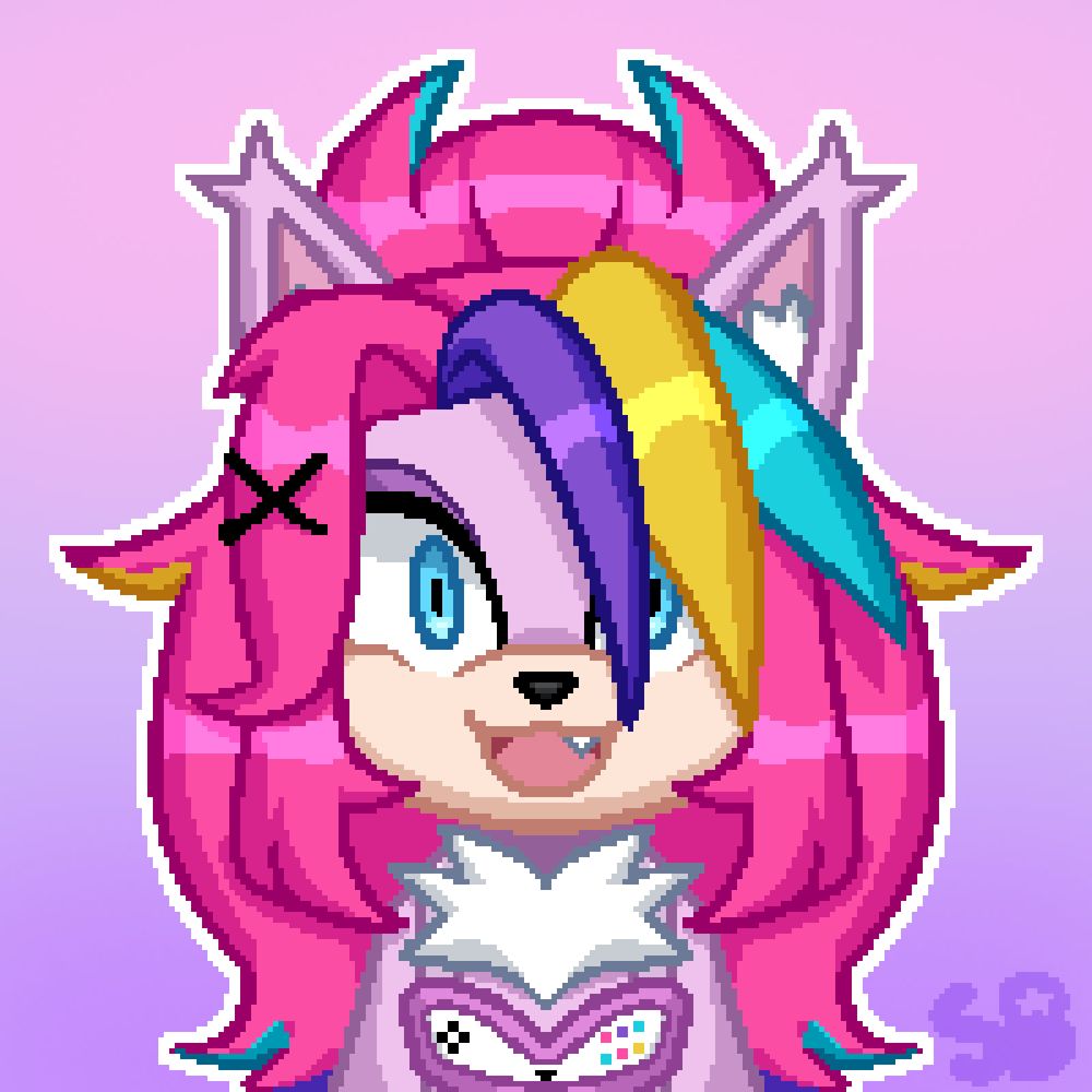 A pixel art portrait of a cat Mobian. She is pink with hot pink hair that has purple, yellow, and cyan streaks in it. She is wearing a tank top that resembles a video game controller.