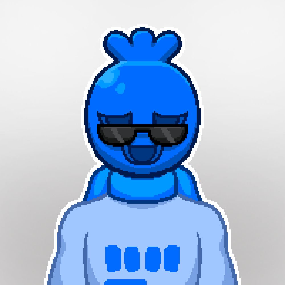 A pixel portrait of a man with a blue bowling ball for a head. He has a tuft of orbular hair coming out of his head, and is wearing sunglasses and a blue scarf. He's wearing a light blue jumpsuit with a fist symbol on it.