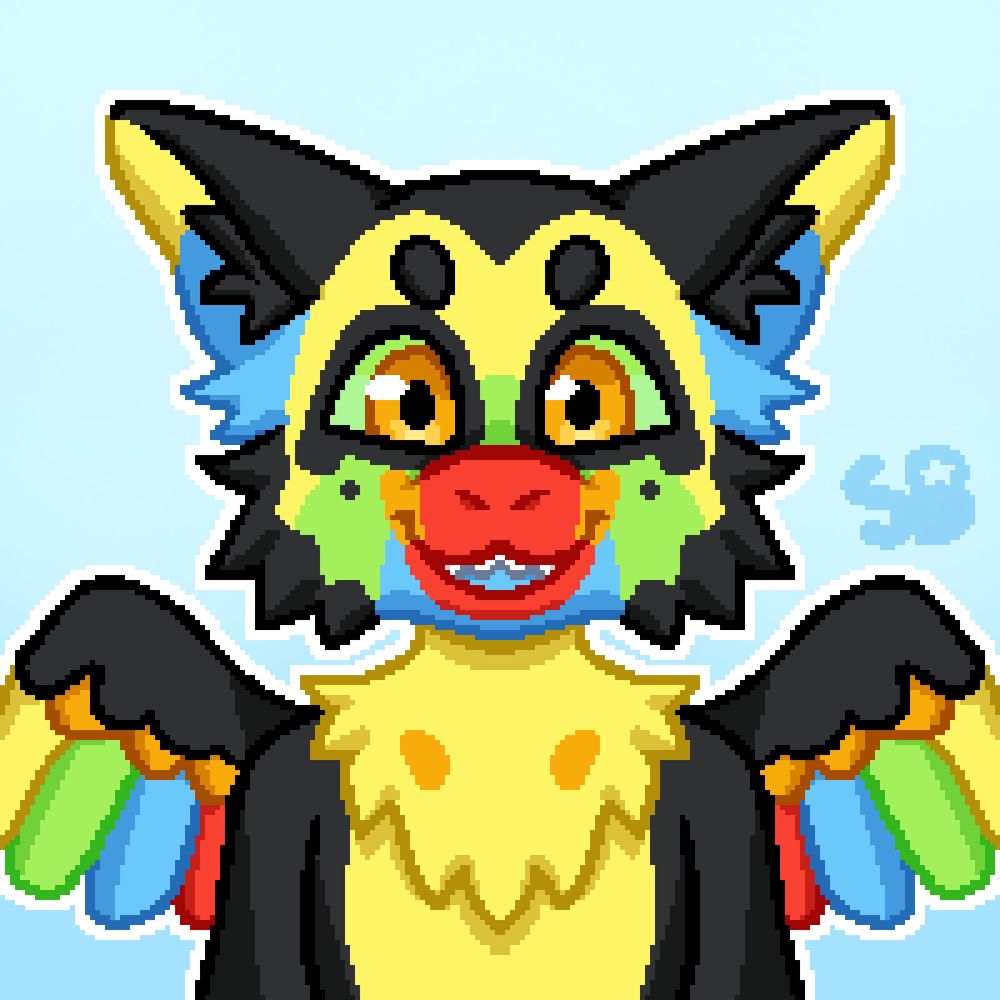 A pixel art portrait of a Dutch Angel Dragon, a winged fuzzy dragon with large ears. They are primarily black, with a tropical toucan-like coloring along their wings and face. Their eyes are orange on green scelera.