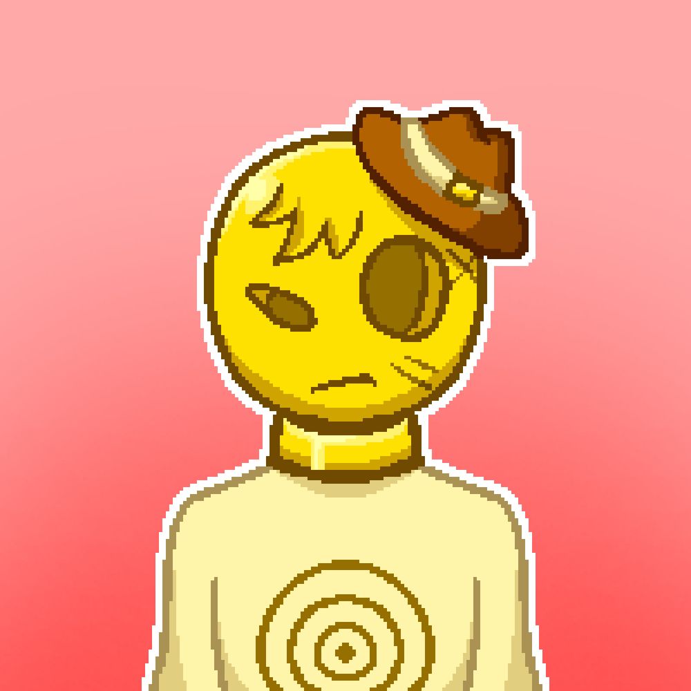 A pixel portrait of a man with a yellow bowling ball for a head. He has a tuft of hair and is squinting. He has on a cowboy hat and a yellow jumpsuit with a bullseye symbol on it.