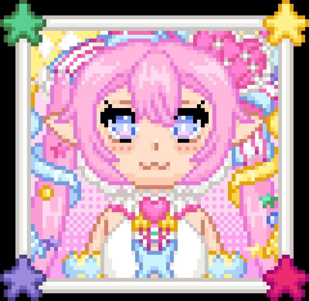 A pixel art piece of the Vtuber Chibidoki. She has pink hair tied in pigtails with ribbons, stars, and orbs in it. She's wearing a jester hat and a large bow, along with a heart-shaped hat. She has on a jester-like costume and is surrounded by a frame with multi-color star emojis.