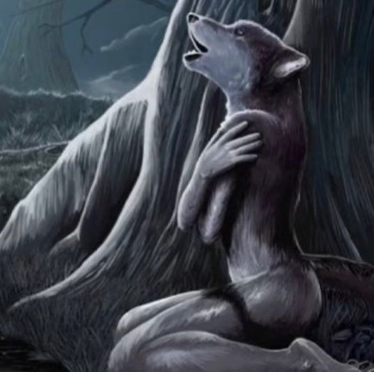 Uma loba uivando no meio da floresta escura sob a luz do luar