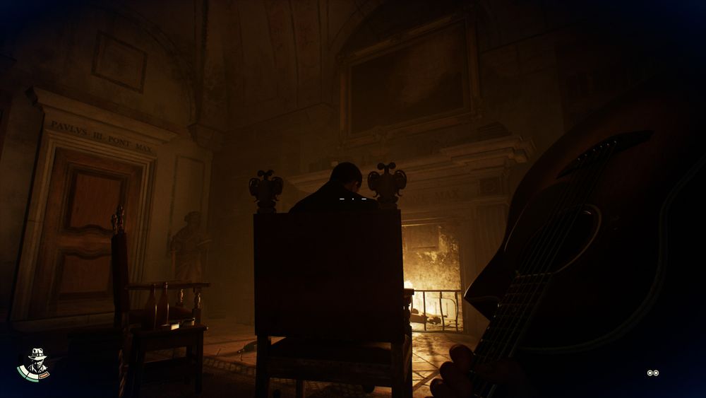 indiana jones wielding a guitar and sneakig up to a fascist by the fireplace. he's gonna hit that one too.