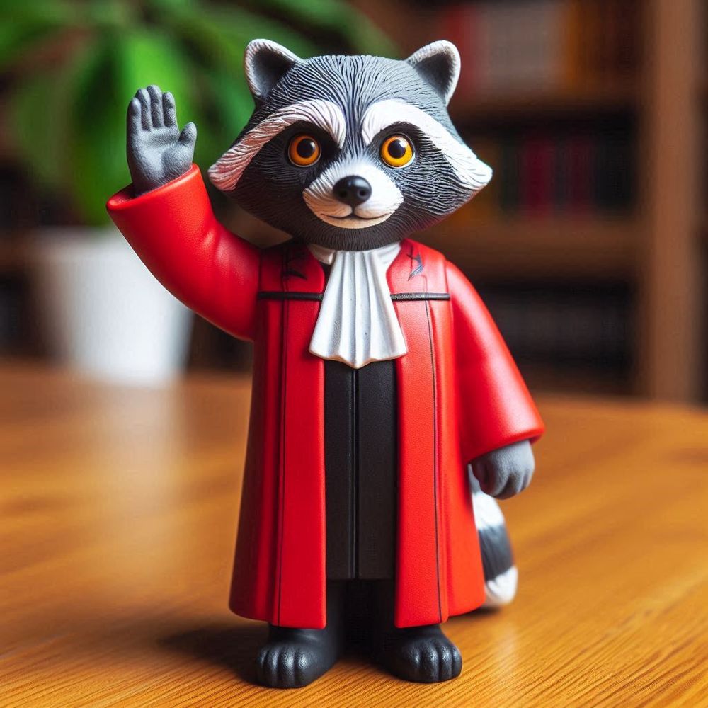 Eine Spielzeug-Figur eines Waschbären in der roten Amtstracht eines Richters des deutschen Bundesverfassungsgerichts im Stil einer Winkekatze auf einem Tisch