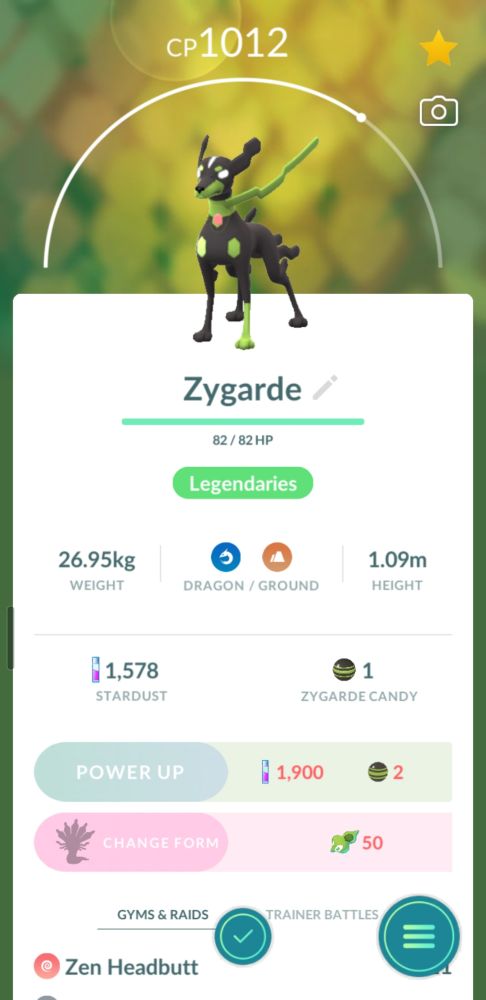 A screenshot of Pokémon Go, showing the dog form of the Pokémon Zygarde