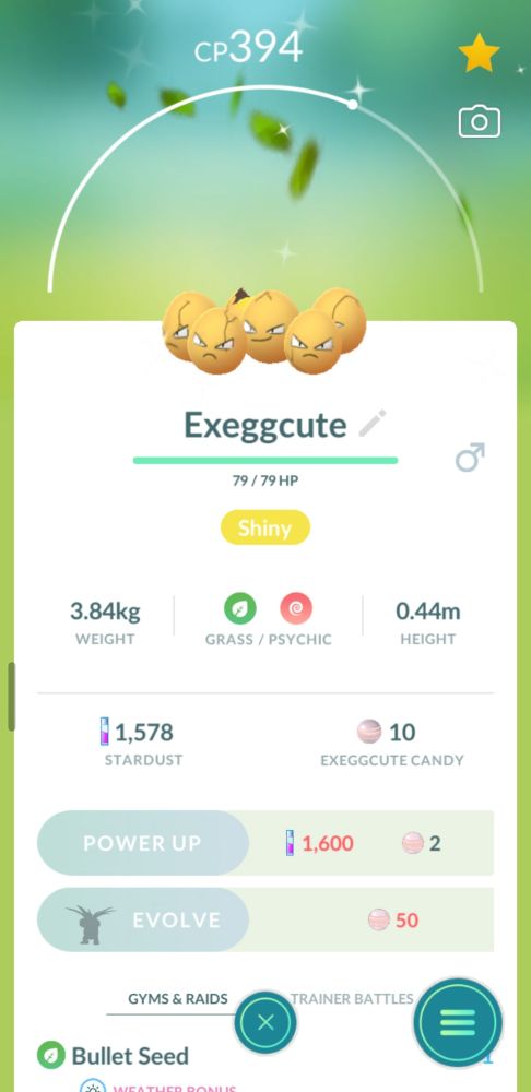 A screenshot of Pokémon Go showing a shiny Exeggcute