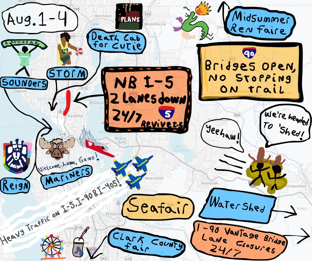 Colorful illustrated Paint Map featuring various events, closures and notices around the Seattle area, including a Death Cab for Cutie concert, Sounders and Reign and Storm and Mariners games, Seafair festival, lane closures on I-5, and more.